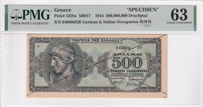 Greece, 500.000.000 Drachmai, 1944, UNC, p132bs, SPECIMEN, PMG 63, German Occupa...