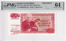 Iceland, 500 Kronur, 1981, UNC, p51s, SPECIMEN, PMG 64
Estimate: USD 500-1.000