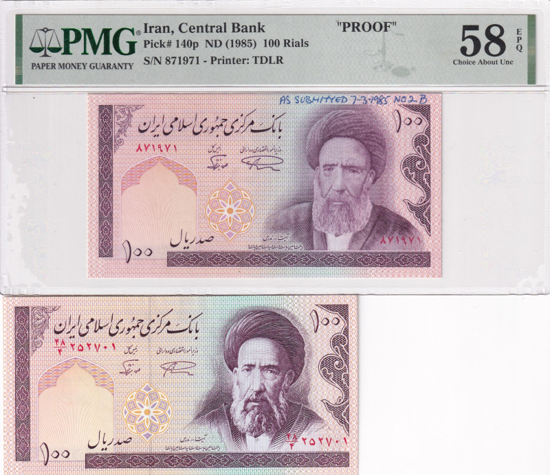 Iran, 100 Rials, 1985, p140p, PROOF, PMG 58, different portrait, (Total 2 bankno...