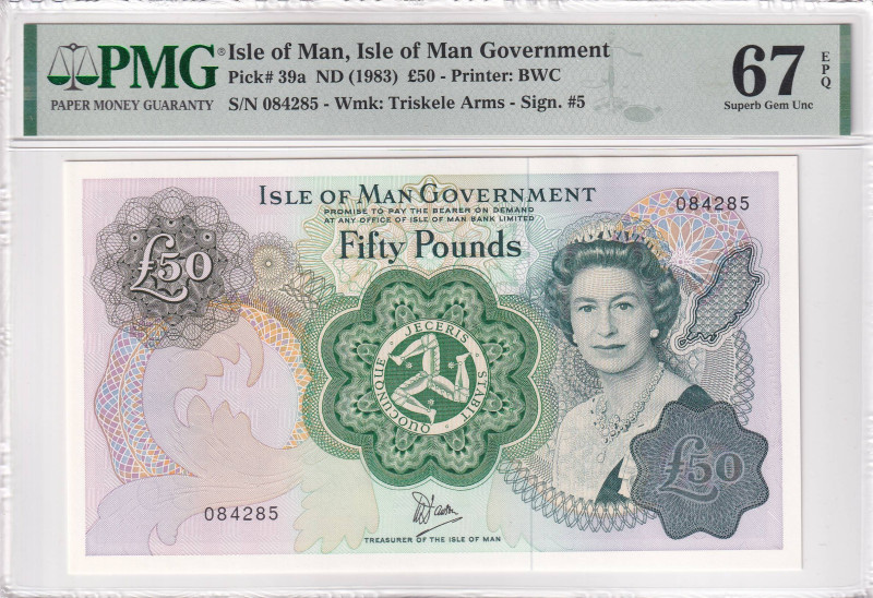 Isle of Man, 50 Pounds, 1983, UNC, p39a, PMG 67 EPQ, High condition
, Queen Eliz...