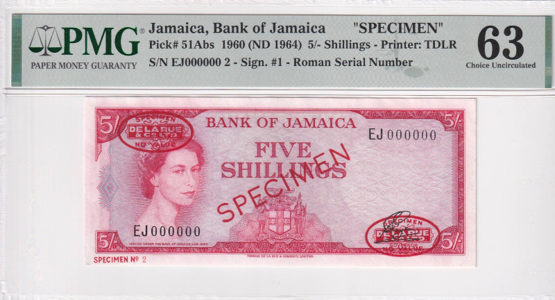 Jamaica, 5 Shillings, 1964, UNC, p51Abs, SPECIMEN, PMG 63, Queen Elizabeth II. P...