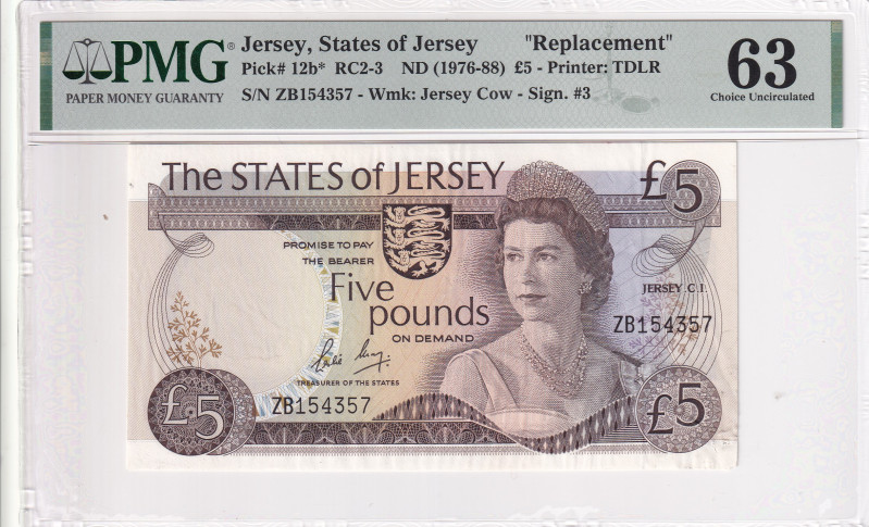 Jersey, 5 Pounds, 1976/1988, UNC, p12b, REPLACEMENT, PMG 63, Queen Elizabeth II....