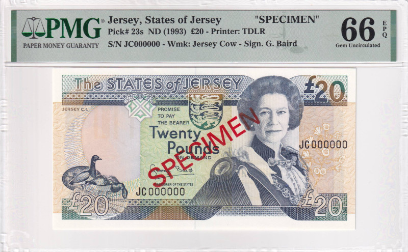 Jersey, 20 Pounds, 1993, UNC, p23s, SPECIMEN, PMG 66 EPQ, Queen Elizabeth II. Po...