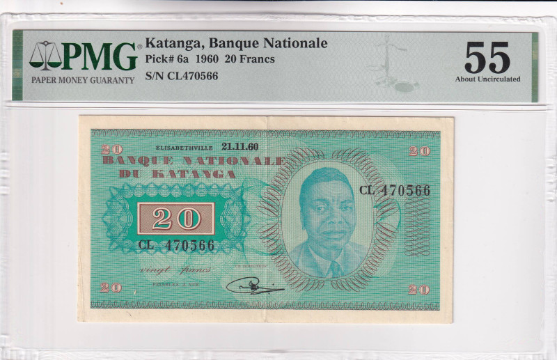 Katanga, 20 Francs, 1960, AUNC, p6a, PMG 55
Estimate: USD 150-300