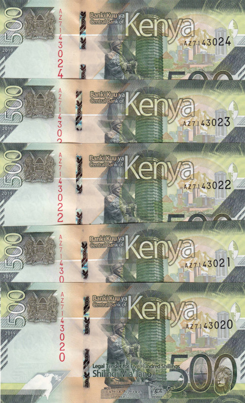 Kenya, 500 Shillings, 2019, UNC, p55, (Total 5 consecutive banknotes)
Estimate: ...