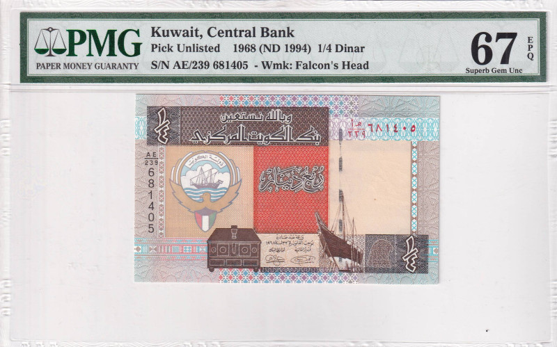 Kuwait, 1/4 Dinar, 1994, UNC, p23h, PMG 67 EPQ, High condition

Estimate: USD 25...