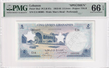 Lebanon, 5 Livres, 1952, UNC, p56s, SPECIMEN, PMG 66 EPQ
Estimate: USD 200-400