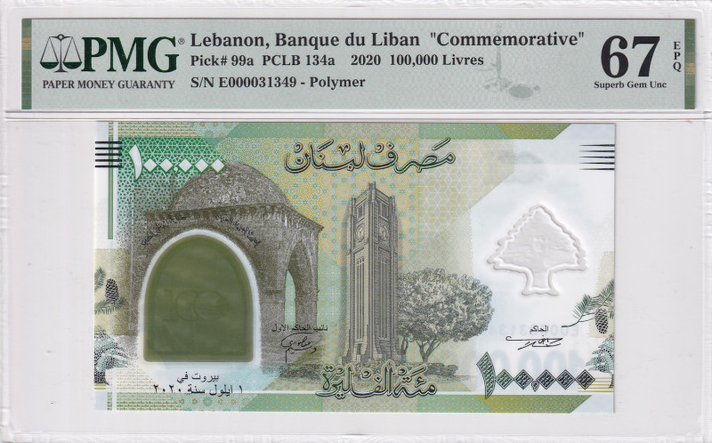 Lebanon, 100.000 Livres, 2020, UNC, p134a, PMG 67 EPQ, High condition
, Commemor...