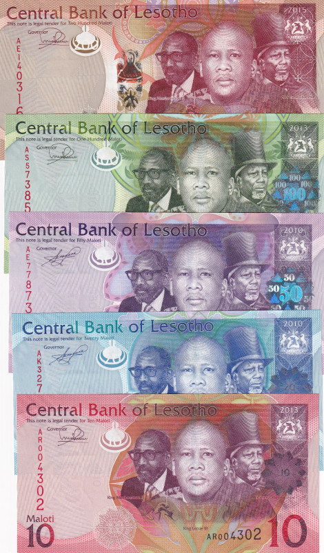 Lesotho, 10-20-50-100-200 Maloti, 2010/2015, UNC, p21-p25, (Total 5 banknotes)
E...