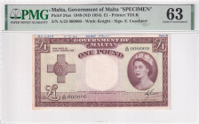 Malta, 1 Pound, 1949, UNC, p24as, SPECIMEN, PMG 63, Queen Elizabeth II. Potrait
Estimate: USD 300-600