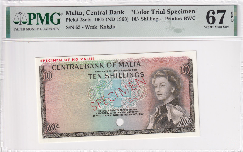 Malta, 10 Shillings, 1968, UNC, p28cts, SPECIMEN, PMG 67 EPQ, Queen Elizabeth II...