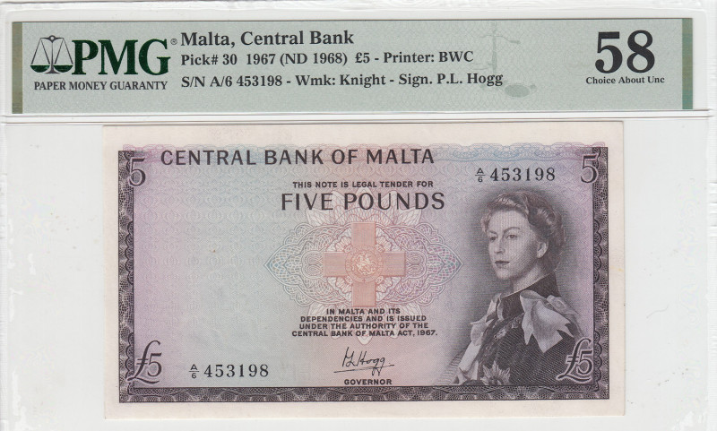 Malta, 5 Pounds, 1968, AUNC, p30, PMG 58, Queen Elizabeth II. Potrait
Estimate: ...