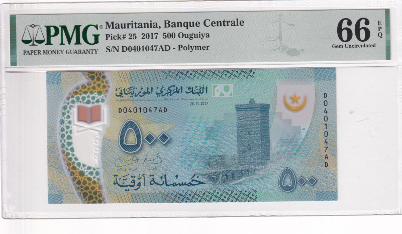 Mauritania, 500 Ouguiya, 2017, UNC, p25, PMG 66 EPQ, Polymer
Estimate: USD 40-80