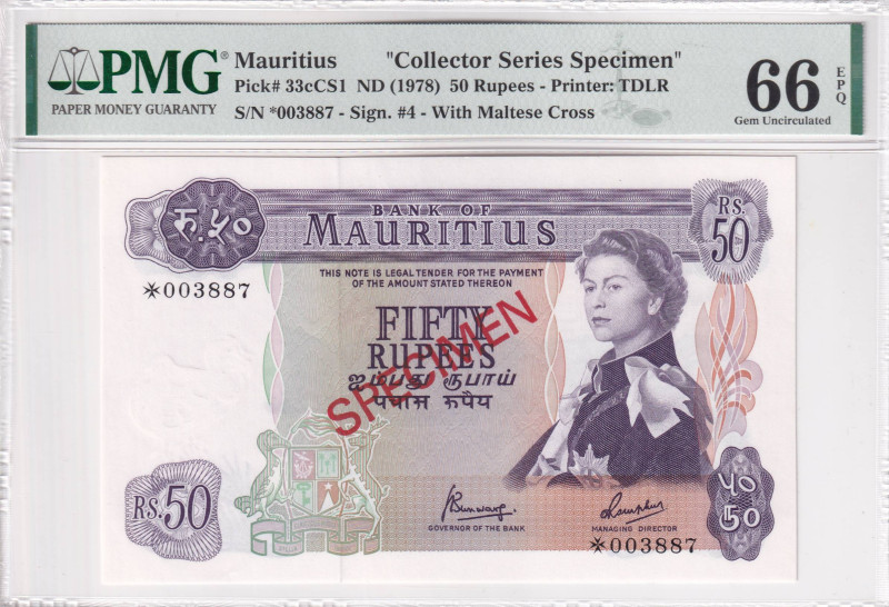 Mauritius, 50 Rupees, 1978, UNC, p33CS1, SPECIMEN, PMG 66 EPQ, TOP POP, Queen El...