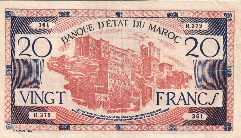 Morocco, 20 Francs, 1943, VF, p39, There are openings on the edges of the border...