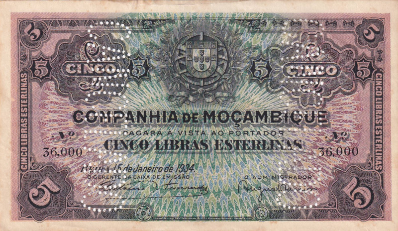 Mozambique, 5 Libras, 1934, UNC(-), pR32a, There is yellowing on the border., Li...