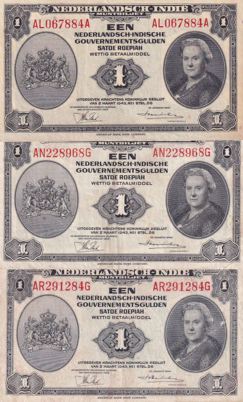 Netherlands Antilles, 1 Gulden, 1943, p111a, (Total 3 banknotes), VF(+); AUNC; X...