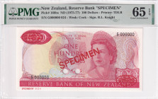 New Zealand, 100 Dollars, 1975/1977, UNC, p168bs, SPECIMEN, PMG 65 EPQ, Queen Elizabeth II. Potrait
Estimate: USD 750-1.500