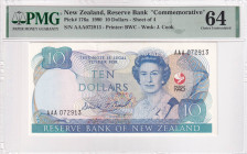 New Zealand, 10 Dollars, 1990, UNC, p176a, PMG 64, Queen Elizabeth II Portrait, Commemorative Banknote
Estimate: USD 50-100