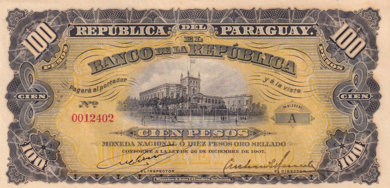 Paraguay, 100 Pesos, 1907, UNC, p159
Estimate: USD 30-60