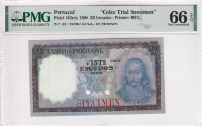 Portugal, 20 Escudos, 1960, UNC, p163cts, SPECIMEN, PMG 66 EPQ, Color trial specimen
Estimate: USD 800-1600