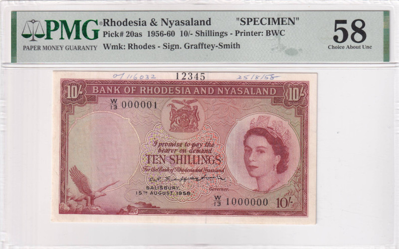 Rhodesia & Nyasaland, 10 Shilings, 1956/1960, AUNC, p20as, SPECIMEN, PMG 58, Que...