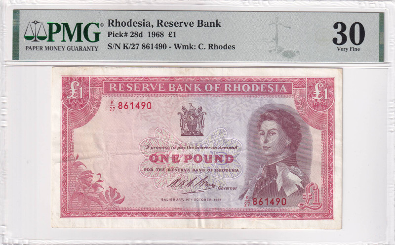 Rhodesia, 1 Pound, 1968, VF, p28d, PMG 30, Queen Elizabeth II. Potrait
Estimate:...