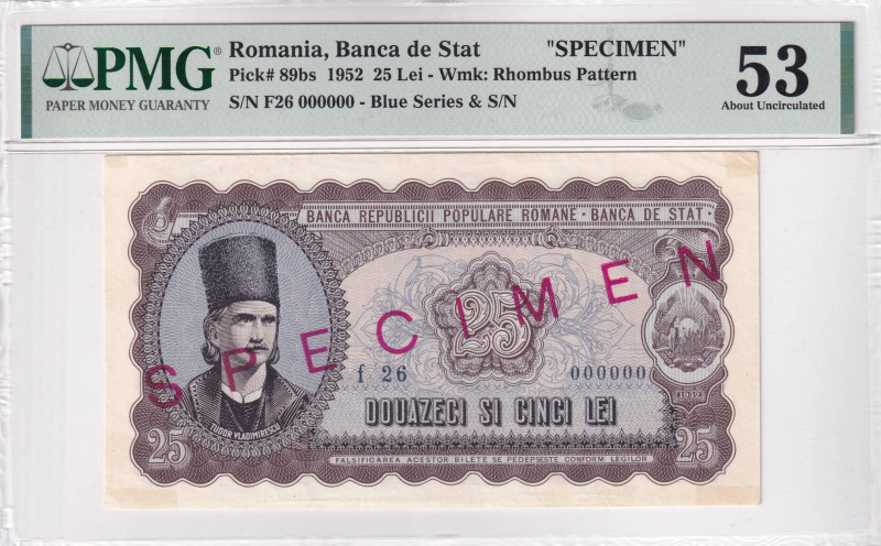 Romania, 25 Lei, 1952, AUNC, p89bs, SPECIMEN, PMG 53
Estimate: USD 300-600