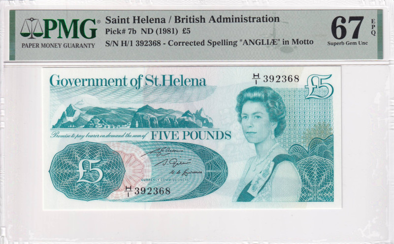 Saint Helena, 5 Pounds, 1981, UNC, p7b, PMG 67 EPQ, Queen Elizabeth II. Potrait
...