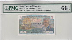 Saint Pierre & Miquelon, 5 Francs, 1950/1960, UNC, p22, PMG 66 EPQ
Estimate: USD 50-100