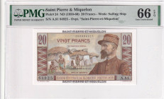 Saint Pierre & Miquelon, 20 Francs, 1950/1960, UNC, p524, PMG 66 EPQ
Estimate: USD 200-400