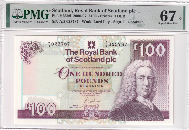 Scotland, 100 Pounds, 2000/2007, UNC, p350d, PMG 67 EPQ, High condition

Estimat...