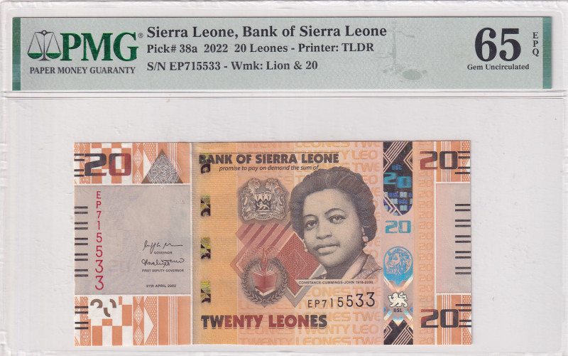 Sierra Leone, 20 Leones, 2022, UNC, p38a, PMG 65 EPQ
Estimate: USD 25-50