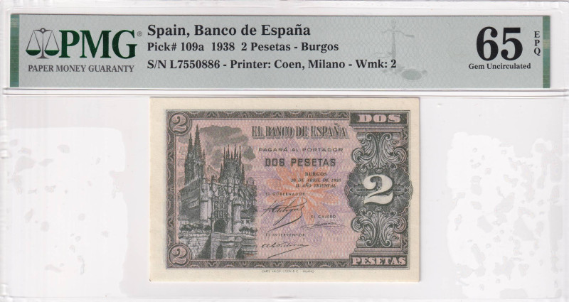 Spain, 2 Pesetas, 1939, UNC, p109a, PMG 65 EPQ
Estimate: USD 200-400