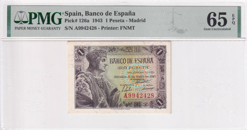 Spain, 1 Peseta, 1943, UNC, p126a, PMG 65 EPQ
Estimate: USD 50-100