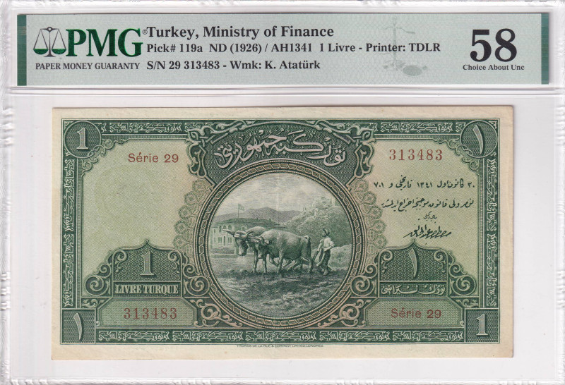 Turkey, 1 Lira, 1927, AUNC, p119, 1. Emission, PMG 58
Estimate: USD 750-1.500