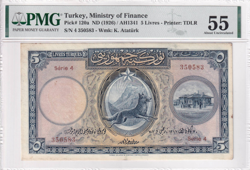 Turkey, 5 Livres, 1927, AUNC, p120, 1. Emission, PMG 55
Estimate: USD 2.500-3.00...