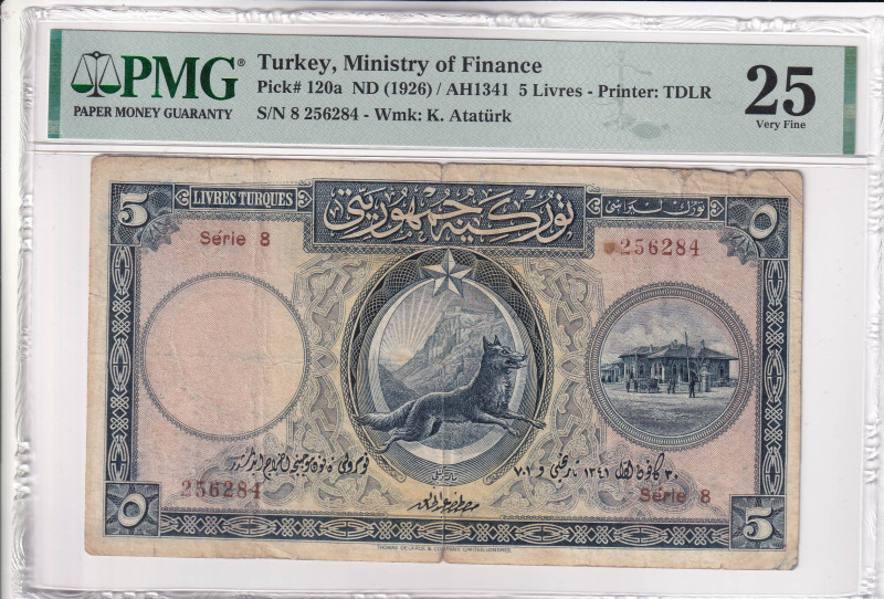 Turkey, 5 Lira, 1927, VF, p120, 1. Emission, PMG 25
Estimate: USD 400-800