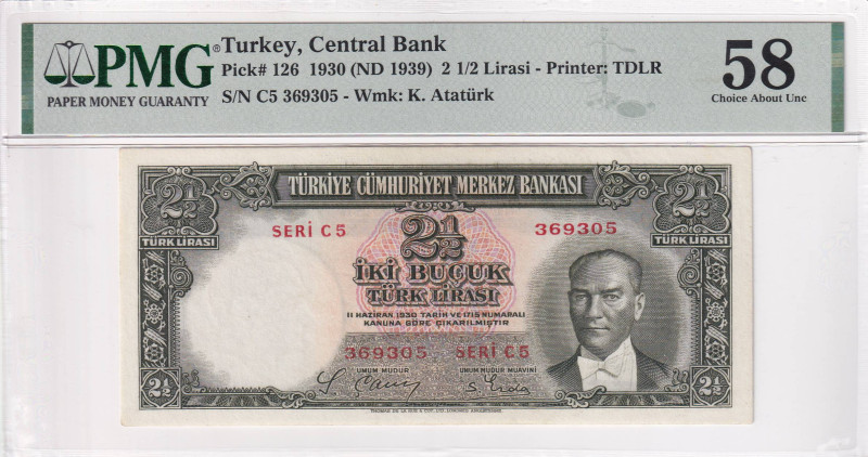 Turkey, 2 1/2 Lira, 1939, AUNC, p126, 2.Emission, PMG 58
Estimate: USD 500-1.000