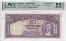 Turkey, 50 Lira, 1938, AUNC, p129s, SPECIMEN, PMG 55 EPQ, 2.Emission
Estimate: USD 3.500-7.000