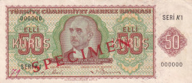 Turkey, 50 Kuruş, 1944, VF, p134s, SPECIMEN, 2.Emission
Estimate: USD 1.500-3.000
