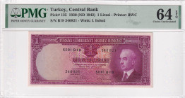 Turkey, 1 Lira, 1942, UNC, p135, 2.Emission, PMG 64 EPQ
Estimate: USD 500-1.000