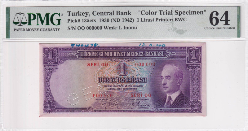 Turkey, 1 Lira, 1942, UNC, p135cts, 2.Emission, PMG 64, SPECIMEN, Color trial sp...