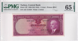 Turkey, 1 Lira, 1942, UNC, p135, 2.Emission, PMG 65 EPQ, Rare Letter
Estimate: USD 600-1.200