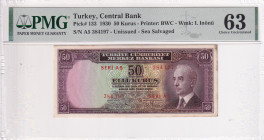 Turkey, 50 Kuruş, 1930, UNC, p133, 2.Emission, PMG 63, British Edition
Estimate: USD 50-100