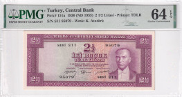 Turkey, 2 1/2 Lira, 1955, UNC, p151, 5.Emission, PMG 64 EPQ
Estimate: USD 400-800