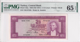 Turkey, 2 1/2 Lira, 1957, UNC, p152, 5.Emission, PMG 65 EPQ, It has serial tracking number with the next lot.
Estimate: USD 750-1.500