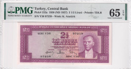 Turkey, 2 1/2 Lira, 1957, UNC, p152, 5.Emission, PMG 65 EPQ, It has serial tracking number with the next lot.
Estimate: USD 750-1.500