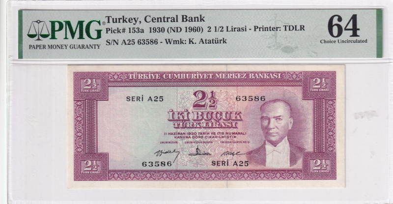 Turkey, 2 1/2 Lira, 1960, UNC, p153, 5.Emission, PMG 64
Estimate: USD 250-500