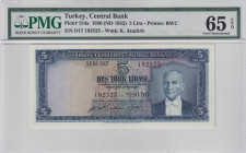 Turkey, 5 Lira, 1952, UNC, p154, 5.Emission, PMG 65 EPQ
Estimate: USD 500-1.000